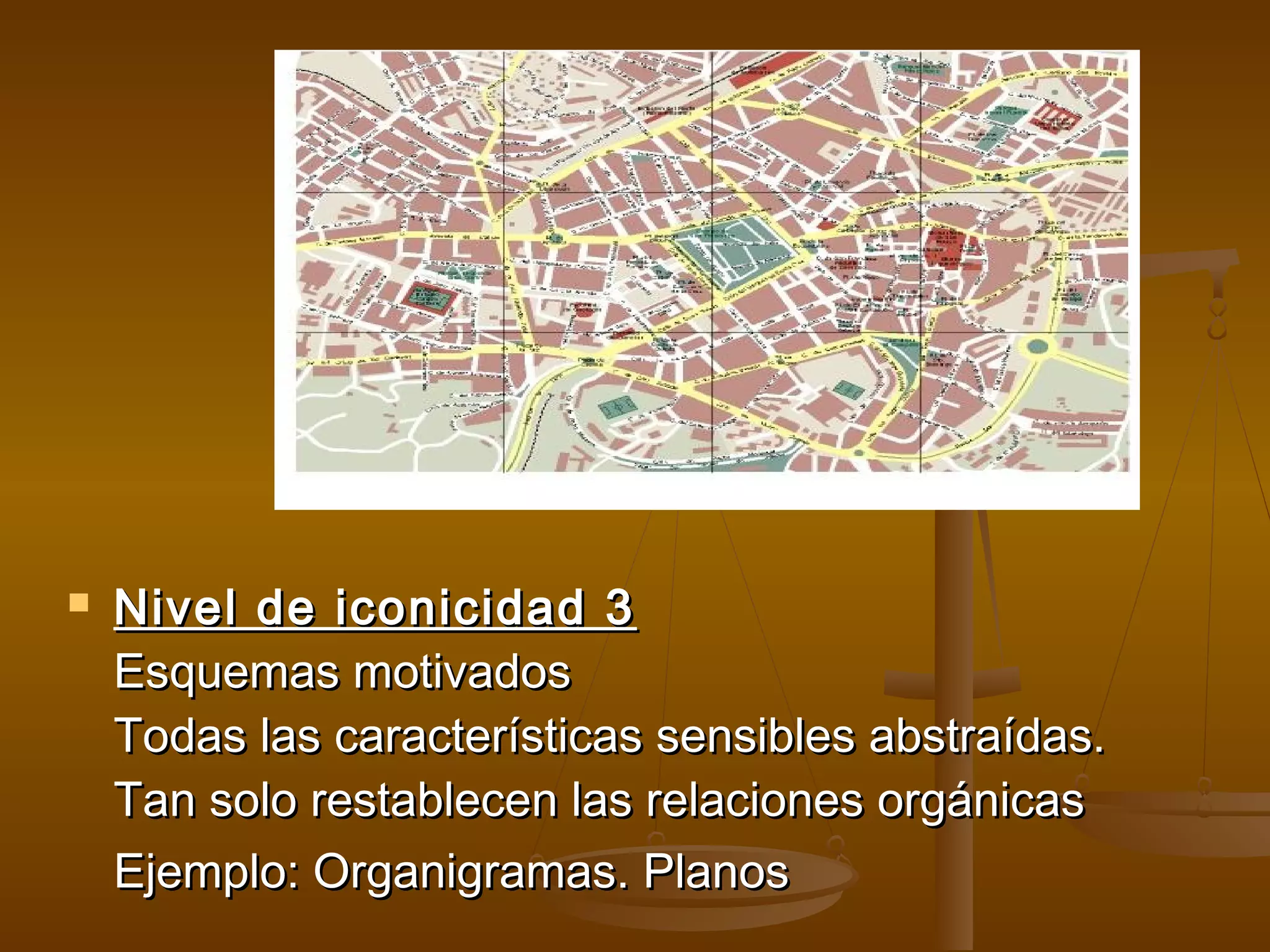    Nivel de iconicidad 3
    Esquemas motivados
    Todas las características sensibles abstraídas.
    Tan solo restablecen las relaciones orgánicas
    Ejemplo: Organigramas. Planos
 
