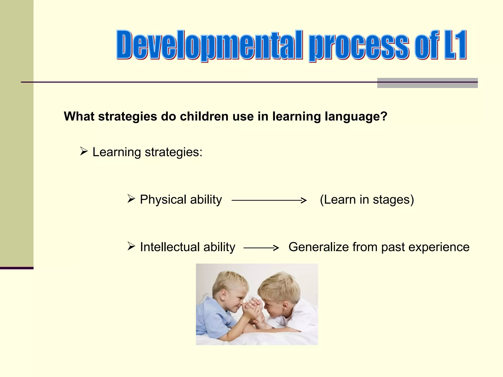 What strategies do children use in learning language?

   Learning strategies:


           Physical ability             (Learn in stages)


           Intellectual ability    Generalize from past experience
 