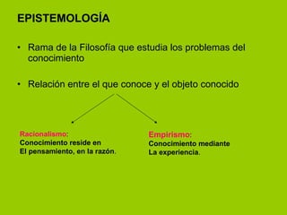EPISTEMOLOGÍA Rama de la Filosofía que estudia los problemas del conocimiento Relación entre el que conoce y el objeto conocido Racionalismo : Conocimiento reside en  El pensamiento, en la razón . Empirismo : Conocimiento mediante La experiencia . 