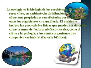 La ecología es la biología de los ecosistemas. Estudia los seres vivos, su ambiente, la distribución y abundancia, cómo esas propiedades son afectadas por la interacción entre los organismos y su ambiente. El ambiente incluye las propiedades físicas que pueden ser descritas como la suma de factores abióticos locales, como el clima y la geología, y los demás organismos que comparten ese hábitat (factores bióticos).