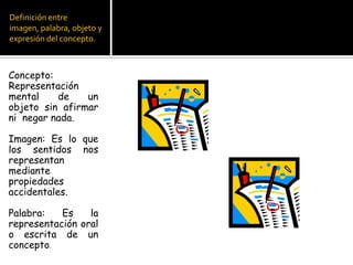 Definición entre imagen, palabra, objeto y expresión del concepto.Concepto: Representación mental de un objeto sin afirmar ni  negar nada.Imagen: Es lo que los sentidos nos representan mediante propiedades accidentales.Palabra: Es la representación oral o escrita de un concepto.