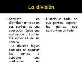 La divisiónConsiste en distribuir un todo en sus partes, es una operación lógica que nos ayuda a formar las especies de un género.     La división lógica consiste en separar las partes o especies que conforman un género.Distribuir todo en sus partes, separar las partes que conforman un todo.