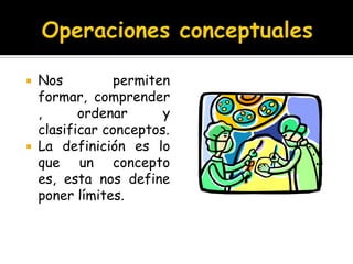 Operaciones conceptualesNos permiten formar, comprender, ordenar y clasificar conceptos.La definición es lo que un concepto es, esta nos define poner límites.