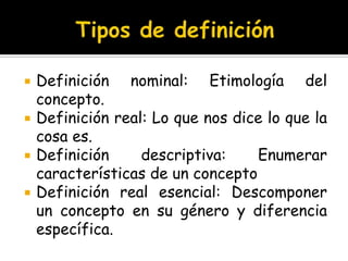 Tipos de definiciónDefinición nominal: Etimología del concepto.Definición real: Lo que nos dice lo que la cosa es.Definición descriptiva: Enumerar características de un conceptoDefinición real esencial: Descomponer un concepto en su género y diferencia específica.