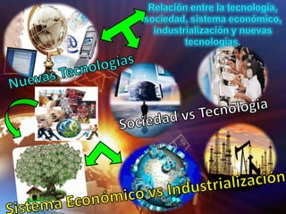 Relación entre la tecnología, sociedad, sistema económico, industrialización y nuevas tecnologías. Nuevas Tecnologías Sociedad vs Tecnología Sistema Económico vs Industrialización 