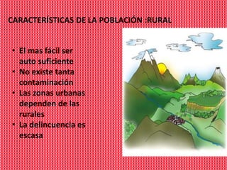 CARACTERÍSTICAS DE LA POBLACIÓN :RURAL


• El mas fácil ser
  auto suficiente
• No existe tanta
  contaminación
• Las zonas urbanas
  dependen de las
  rurales
• La delincuencia es
  escasa
 