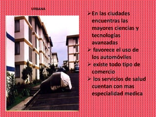 URBANA
         En las ciudades
          encuentras las
          mayores ciencias y
          tecnologías
          avanzadas
          favorece el uso de
          los automóviles
          existe todo tipo de
          comercio
          los servicios de salud
          cuentan con mas
          especialidad medica
 