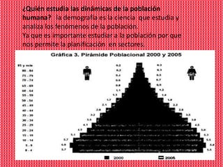 ¿Quién estudia las dinámicas de la población
humana? la demografía es la ciencia que estudia y
analiza los fenómenos de la población.
Ya que es importante estudiar a la población por que
nos permite la planificación en sectores.
 