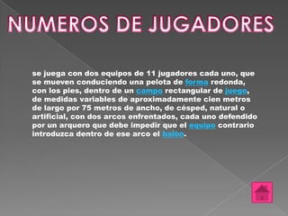 se juega con dos equipos de 11 jugadores cada uno, que
se mueven conduciendo una pelota de forma redonda,
con los pies, dentro de un campo rectangular de juego,
de medidas variables de aproximadamente cien metros
de largo por 75 metros de ancho, de césped, natural o
artificial, con dos arcos enfrentados, cada uno defendido
por un arquero que debe impedir que el equipo contrario
introduzca dentro de ese arco el balón.
 