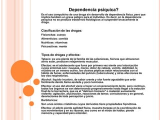 Dependencia psíquica?
Es el uso compulsivo de una droga sin desarrollo de dependencia física, pero que
implica también un grave peligro para el individuo. Es decir, en la dependencia
psíquica no se produce trastornos fisiológicos al suspender bruscamente la
droga.


Clasificación de las drogas:
Fisioncitas: cuerpo
Alimenticias: comida
Nutritivas: vitaminas
Psicoactivas: mente


Tipos de drogas y efectos:
Tabaco: es una planta de la familia de las solanáceas, hiervas que almacenan
alivio solar, producen relajamiento muscular.
Efectos: es el adolescente que fuma por primera vez siente una intoxicación
cuyos síntomas son: nauseas, mareo, dolor de cabeza, vomito, debilidad, la
nicotina es un veneno activo, las ulceras pépticas están relacionadas con el
hábito de fumar, enfermedades del pulmón (tuberculosis) y otras afecciones de
las vías respiratorias.
Alcohol: liquido incoloro, de sabor urente y olor fuerte agradable que arde
fácilmente dando llama azulada y poco luminosa.
Efectos: el uso del alcohol viene a hacer un envenenamiento lento, pero continuo,
todos los órganos se van deteriorando progresivamente hasta llegar a la estación
final de la borrachera, que es el "delirium tremens" o malestar sumamente
violento: agitación, alucinación, reacciones de temor, convulsiones y en general,
desviaciones de toda percepción y juicio.
Barbitúricos:
Son unos ácidos cristalinos cuyos derivados tiene propiedades hipnóticas.
Efectos: el adicto pierde agilidad física, muestra torpeza en la coordinación de
sus movimientos y en su razonar, aso como en el modo de hablar, pierde
memoria y capacidad para entender.
 