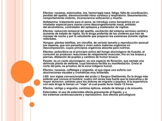 Efectos: nauseas, estornudos, tos, hemorragia nasa, fatiga, falta de coordinación,
perdida del apetito, disminuciondel ritmo cardiaco y respiratorio. Desorientación,
comportamiento violento, inconsciencia sofocación y muerte.
Anfetamina: tratamiento para el asma, se introdujo como benzedrina en un
inhalador especial para usarse como descongestionante nasal, antídoto
del alcoholismo, controlador del epilepsia y sostenedor de vigilias.
Efectos: reducción temporal del apetito, excitación del sistema nervioso central y
aumento de estado de vigilia. Es la droga preferida de los choferes que han de
manejar de noche y por lo estudiante que preparan los exámenes durante vigilias
reiteradas.
Hongos: plantas talofitas, sin clorofila, de variado tamaño y reproducción asexual
por esperas, que son parasitas o viven sobre materias orgánicas en
descomposición, cuyos principios orgánicos absorbe para nutrirse.
Efectos: psilocibina es el principio activo del hongo alucinógeno de huautla, al
consumir se producen reacciones de relajamiento muscular, frio en los brazos y
piernas, dilatación de pupilas y cambios de humor brusco.
Peyote: es un cacto alucinógeno; es una especie de floración, que semeja una
diminuta planta de elefante, cuya blandura facilita su manifestación. Crece al
norte del pais, es privativo de la zona indígena huicot.
Efectos: nauseas, ceffalagia y angustia, al que sigue una euforia con
alucinaciones visuales y cromáticas muy brillantes.
LSD: son siglas convencionales del acido Li Sergico Dietilamida. Es la droga más
potente que conoce el hombre; cuatro mil veces mas fuerte que la mezcalina y de
mayor duracion; antídoto para los dolores de migraña o jaqueca. A la experiencia
con esta droga le llaman un "viaje" el cual puede durar hasta 12 horas.
Efectos: vértigo y angustia, cambios ópticos, estado de letargo y de ensueño.
Esteroides: el uso de esteroides afecta gravemente al hígado, y a
los sistemas cardiovasculares y reproductivo. Sus efectos psicológicos
 