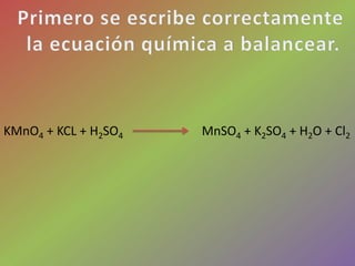 KMnO4 + KCL + H2SO4   MnSO4 + K2SO4 + H2O + Cl2
 