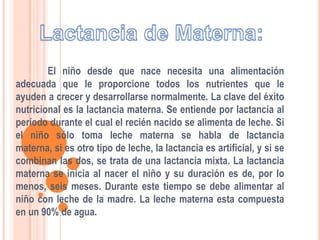El niño desde que nace necesita una alimentación
adecuada que le proporcione todos los nutrientes que le
ayuden a crecer y desarrollarse normalmente. La clave del éxito
nutricional es la lactancia materna. Se entiende por lactancia al
período durante el cual el recién nacido se alimenta de leche. Si
el niño sólo toma leche materna se habla de lactancia
materna, si es otro tipo de leche, la lactancia es artificial, y si se
combinan las dos, se trata de una lactancia mixta. La lactancia
materna se inicia al nacer el niño y su duración es de, por lo
menos, seis meses. Durante este tiempo se debe alimentar al
niño con leche de la madre. La leche materna esta compuesta
en un 90% de agua.
 