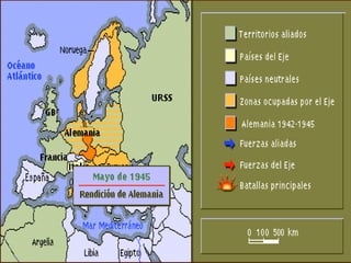 La victoria de los Aliados (1943-1945)El desembarco de Normandía y el frente occidentalEl día 6 de junio tropas estadounidenses, británicas y canadienses desembarcaron en las playas de Normandía y superaron la férrea resistencia alemana. Rápidamente las tropas aliadas, bajo la dirección del general norteamericano Eisenhower, se dirigieron a París, liberado el 25 de agosto. 