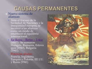 CAUSAS PERMANENTESNuevo sistema de alianzas:Ante el fracaso de la Sociedad de Naciones y la inseguridad europea, se recurrió a las alianzas como un modo de establecer el equilibrio internacional.Eje Roma – Berlín – Tokio (1937):  Se sumaron Hungría, Rumanía, Eslovaquia (1940), Bulgaria (1941).Potencias aliadas: Francia, Inglaterra. Turquía y Polonia. EE.UU. y Rusia (1941)
