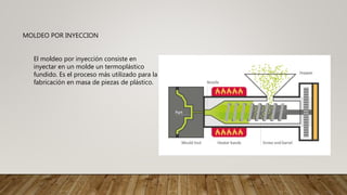 El moldeo por inyección consiste en
inyectar en un molde un termoplástico
fundido. Es el proceso más utilizado para la
fabricación en masa de piezas de plástico.
MOLDEO POR INYECCION
 