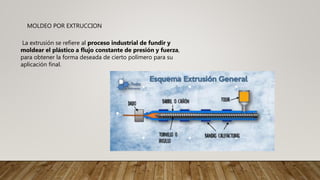 MOLDEO POR EXTRUCCION
La extrusión se refiere al proceso industrial de fundir y
moldear el plástico a flujo constante de presión y fuerza,
para obtener la forma deseada de cierto polímero para su
aplicación final.
 