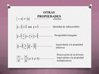 OTRAS
PROPIEDADES
simetría
Identidad de indiscernibles
Desigualdad triangular
(equivalente a la propiedad
adictiva)
Preservación de la división
(equivalente a la propiedad
multiplicativa)
 