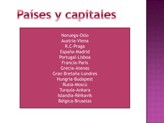 Noruega-Oslo
    Austria-Viena
      R.C-Praga
    España-Madrid
   Portugal-Lisboa
     Francia-Paris
    Grecia-Atenas
Gran Bretaña-Londres
  Hungria-Budapest
     Rusia-Moscú
   Turquía-Ankara
  Islandia-Réikavik
   Bélgica-Bruselas
 