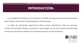 INTRODUCCIÓN.
La investigación educativa es una dinámica constante que proporcionó nuevas aportaciones
para la mejor comprensión del aprendizaje en otra dimensión.
La teoría de aprendizaje cognoscitiva ofrece nuevas perspectivas sobre los procesos
internos del educando durante el proceso de aprendizaje, es una de las teorías del desarrollo
humano que estudia los cambios en la manera de pensar a través de tiempo.
 