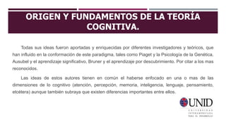 ORIGEN Y FUNDAMENTOS DE LA TEORÍA
COGNITIVA.
Todas sus ideas fueron aportadas y enriquecidas por diferentes investigadores y teóricos, que
han influido en la conformación de este paradigma, tales como Piaget y la Psicología de la Genética,
Ausubel y el aprendizaje significativo, Bruner y el aprendizaje por descubrimiento. Por citar a los mas
reconocidos.
Las ideas de estos autores tienen en común el haberse enfocado en una o mas de las
dimensiones de lo cognitivo (atención, percepción, memoria, inteligencia, lenguaje, pensamiento,
etcétera) aunque también subraya que existen diferencias importantes entre ellos.
 