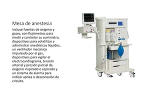 Mesa de anestesia
incluye fuentes de oxígeno y
gases, con flujómetros para
medir y controlar su suministro,
dispositivos para volatilizar y
administrar anestésicos líquidos,
un ventilador mecánico
impulsado por el gas,
dispositivos para vigilar el
electrocardiograma, tensión
arterial y presión parcial de
oxígeno inspirado o espirado y
un sistema de alarma para
indicar apnea o desconexión de
circuito.
 