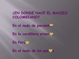 ¿EN DONDE NACE EL MACIZO
COLOMBIANO?

En el nudo de paramillo

En la cordillera oriental

En Perú

En el nudo de los pastos
 