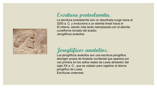 Escritura protoelamita.
La escritura protoelamita aún no descifrada surge hacia el
3200 a. C. y evoluciona a un elamita lineal hacia el
III milenio, siendo más tarde reemplazado por el elamita
cuneiforme tomado del acadio.
Jeroglíficos anatolios

Jeroglíficos anatolios.
Los jeroglíficos anatolios son una escritura jeroglífica
aborigen propia de Anatolia occidental que aparece por
vez primera en los sellos reales de Luwia alrededor del
siglo XX a. C., que se usaban para registrar el idioma
jeroglífico de Luwia.
Escrituras cretenses

 
