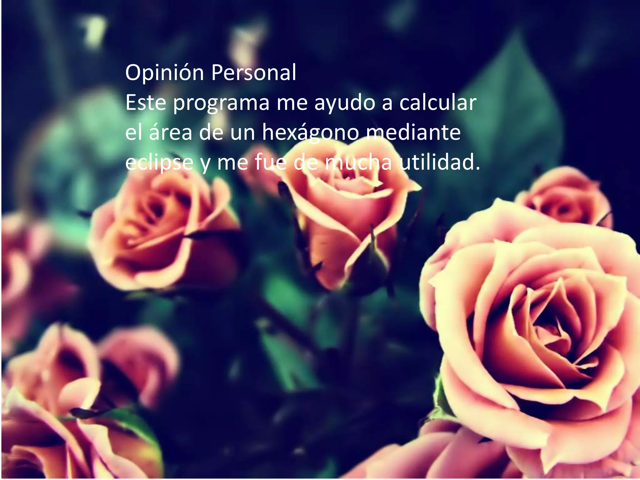 Opinión Personal
Este programa me ayudo a calcular
el área de un hexágono mediante
eclipse y me fue de mucha utilidad.