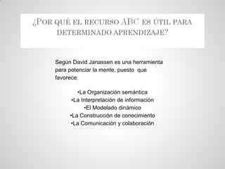 Según David Janassen es una herramienta
para potenciar la mente, puesto que
favorece:

        •La Organización semántica
      •La Interpretación de información
           •El Modelado dinámico
     •La Construcción de conocimiento
     •La Comunicación y colaboración
 