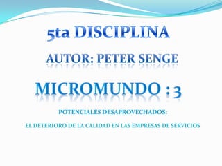 5ta DISCIPLINA Autor: PeTER SENGE Micromundo : 3 POTENCIALES DESAPROVECHADOS: EL DETERIORO DE LA CALIDAD EN LAS EMPRESAS DE SERVICIOS 