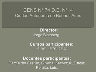 Director:
              Jorge Blomberg

            Cursos participantes:
                1° “A", 1°"B", 2°"A"

        Docentes participantes:
García del Castillo, Silvana; Krawczuk, Estela;
                 Peralta, Luis.
 