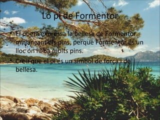 Lo pi de Formentor <ul><li>El poeta expressa la bellesa de Formentor mitjançant els pins, perquè Formentor és un lloc on h...