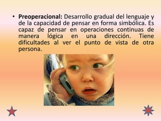 • Preoperacional: Desarrollo gradual del lenguaje y
de la capacidad de pensar en forma simbólica. Es
capaz de pensar en op...
