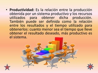 • Productividad: Es la relación entre la producción
obtenida por un sistema productivo y los recursos
utilizados para obte...
