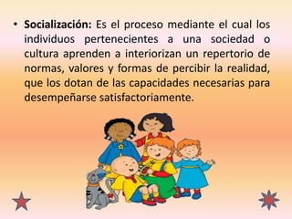 • Socialización: Es el proceso mediante el cual los
individuos pertenecientes a una sociedad o
cultura aprenden a interior...