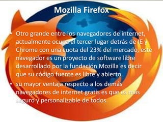 Mozilla Firefox
• Otro grande entre los navegadores de internet,
actualmente ocupa el tercer lugar detrás de IE y
Chrome con una cuota del 23% del mercado, este
navegador es un proyecto de software libre
desarrollado por la fundación Mozilla es decir
que su código fuente es libre y abierto.
• su mayor ventaja respecto a los demás
navegadores de internet gratis es que es más
seguro y personalizable de todos.
 
