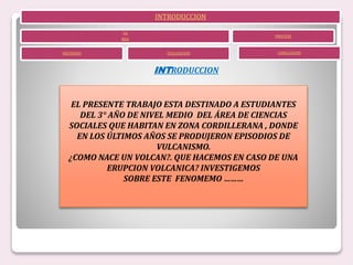 INTRODUCCION
TA
REA
RECURSOS EVALUACION
PROCESO
CONCLUCION
INTRODUCCION
EL PRESENTE TRABAJO ESTA DESTINADO A ESTUDIANTES
DEL 3° AÑO DE NIVEL MEDIO DEL ÁREA DE CIENCIAS
SOCIALES QUE HABITAN EN ZONA CORDILLERANA , DONDE
EN LOS ÚLTIMOS AÑOS SE PRODUJERON EPISODIOS DE
VULCANISMO.
¿COMO NACE UN VOLCAN?. QUE HACEMOS EN CASO DE UNA
ERUPCION VOLCANICA? INVESTIGEMOS
SOBRE ESTE FENOMEMO ………
 