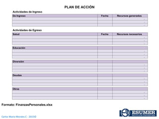 Carlos Mario Morales C - 2015©
Formato: FinanzasPersonales.xlsx
Fecha Recursos generados
-
-
-
Fecha Recursos necesarios
-
-
-
-
-
-
-
-
-
-
-
-
-
-
-
Deudas
Actividades de Egreso
Educación
Diversión
Otros
PLAN DE ACCIÓN
Actividades de Ingreso
De Ingreso
Salud
 