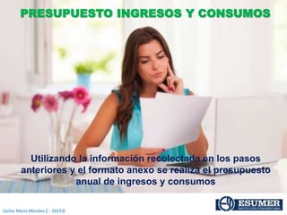 Carlos Mario Morales C - 2015©
PRESUPUESTO INGRESOS Y CONSUMOS
Utilizando la información recolectada en los pasos
anteriores y el formato anexo se realiza el presupuesto
anual de ingresos y consumos
 