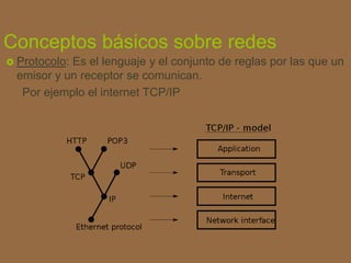 Conceptos básicos sobre redes
 Protocolo: Es el lenguaje y el conjunto de reglas por las que un
emisor y un receptor se comunican.
Por ejemplo el internet TCP/IP
 