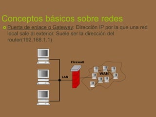 Conceptos básicos sobre redes
 Puerta de enlace o Gateway: Dirección IP por la que una red
local sale al exterior. Suele ser la dirección del
router(192.168.1.1)
 