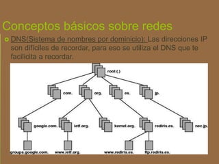 Conceptos básicos sobre redes
 DNS(Sistema de nombres por dominicio): Las direcciones IP
son difíciles de recordar, para eso se utiliza el DNS que te
facilicita a recordar.
 