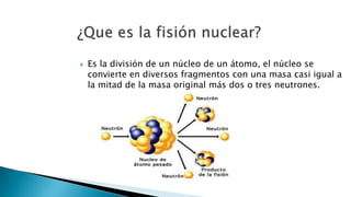  Es la división de un núcleo de un átomo, el núcleo se
convierte en diversos fragmentos con una masa casi igual a
la mitad de la masa original más dos o tres neutrones.
 