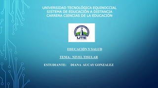 UNIVERSIDAD TECNOLÓGICA EQUINOCCIAL
SISTEMA DE EDUCACIÓN A DISTANCIA
CARRERA CIENCIAS DE LA EDUCACIÓN
EDUCACIÓN Y SALUD
TEMA: NIVEL TISULAR
ESTUDIANTE: DIANA AUCAY GONZALEZ
 