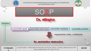Universidad Técnica de Machala/Unidad Académica de Ciencias Químicas y de la Salud/Escuela de
Ciencias Médicas/Medicina Interna
SO P
20/3017/06/201 J. Sagrista Sauleda, “Enfermedades del Pericardio”. En: Farreras-Valenti y C. Rozman. Medicina Interna XVII
Edicion. España, Elseiver, 2012. Pag. 527-535
idiopática
la pericarditis aguda pericarditis purulentapericarditis tuberculosa pericarditis neoplasica
engrosamiento, fusión, y calcificación
 