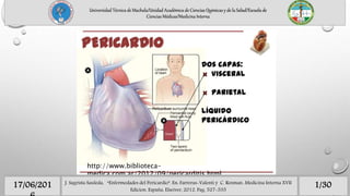 http://www.biblioteca-
medica.com.ar/2012/09/pericarditis.html
1/3017/06/201 J. Sagrista Sauleda, “Enfermedades del Pericardio”. En: Farreras-Valenti y C. Rozman. Medicina Interna XVII
Edicion. España, Elseiver, 2012. Pag. 527-535
Universidad Técnica de Machala/Unidad Académica de Ciencias Químicas y de la Salud/Escuela de
Ciencias Médicas/Medicina Interna
 