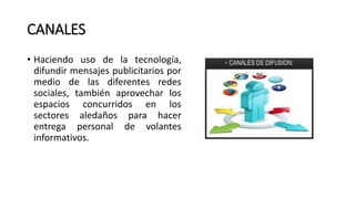 CANALES
• Haciendo uso de la tecnología,
difundir mensajes publicitarios por
medio de las diferentes redes
sociales, también aprovechar los
espacios concurridos en los
sectores aledaños para hacer
entrega personal de volantes
informativos.
 