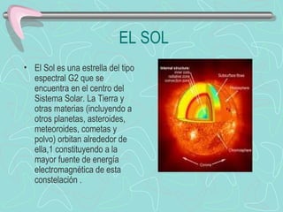 EL SOL El Sol es una estrella del tipo espectral G2 que se encuentra en el centro del Sistema Solar. La Tierra y otras materias (incluyendo a otros planetas, asteroides, meteoroides, cometas y polvo) orbitan alrededor de ella,1 constituyendo a la mayor fuente de energía electromagnética de esta constelación  .                          