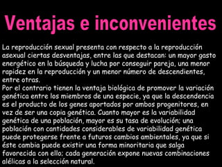 La reproducción sexual presenta con respecto a la reproducción asexual ciertas desventajas, entre las que destacan: un mayor gasto energético en la búsqueda y lucha por conseguir pareja, una menor rapidez en la reproducción y un menor número de descendientes, entre otras. Por el contrario tienen la ventaja biológica de promover la variación genética entre los miembros de una especie, ya que la descendencia es el producto de los genes aportados por ambos progenitores, en vez de ser una copia genética. Cuanto mayor es la variabilidad genética de una población, mayor es su tasa de evolución; una población con cantidades considerables de variabilidad genética puede protegerse frente a futuros cambios ambientales, ya que si éste cambia puede existir una forma minoritaria que salga favorecida con ello; cada generación expone nuevas combinaciones alélicas a la selección natural. Ventajas e inconvenientes 